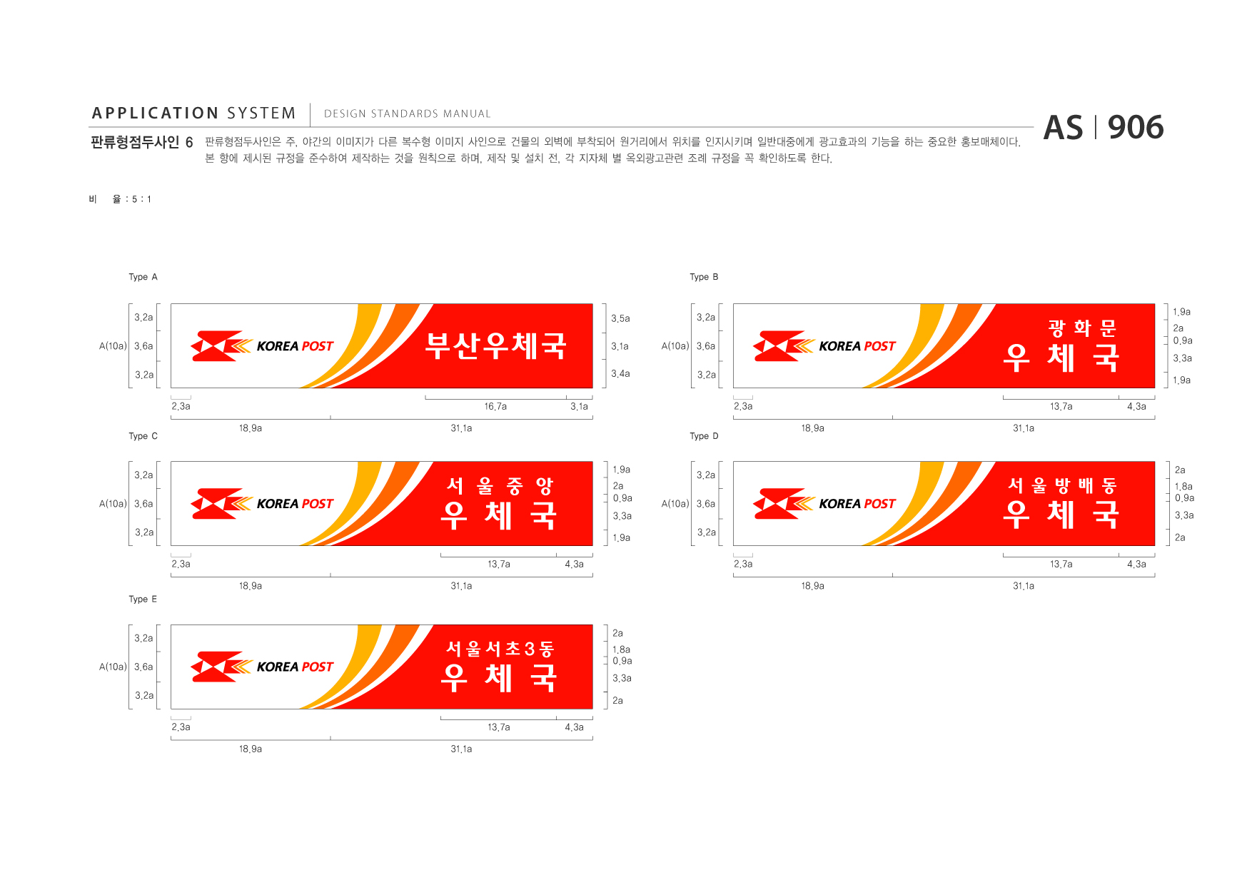 APPLICATION SYSTEM 판류형점두사인 6  DESIGN STANDARDS MANUAL  판류형점두사인은 주, 야간의 이미지가 다른 복수형 이미지 사인으로 건물의 외벽에 부착되어 원거리에서 위치를 인지시키며 일반대중에게 광고효과의 기능을 하는 중요한 홍보매체이다. 본 항에 제시된 규정을 준수하여 제작하는 것을 원칙으로 하며, 제작 및 설치 전, 각 지자체 별 옥외광고관련 조례 규정을 꼭 확인하도록 한다.  AS I 906  비  율 :5:1  Type A  Type B  3.2a A(10a) 3.6a 3.2a 2.3a Type C  3.5a  3.2a A(10a) 3.6a 3.2a 2.3a Type D  부산우체국 16.7a 18.9a 31.1a 3.1a  3.1a 3.4a  우 체 국 13.7a 18.9a 31.1a 4.3a  광화문  1.9a 2a 0.9a 3.3a 1.9a  3.2a A(10a) 3.6a 3.2a 2.3a 18.9a Type E  우 체 국 13.7a 31.1a 4.3a  서 울 중 앙  1.9a 2a 0.9a 3.3a 1.9a  3.2a A(10a) 3.6a 3.2a 2.3a 18.9a  우 체 국 13.7a 31.1a 4.3a  서울방배동  2a 1.8a 0.9a 3.3a 2a  3.2a A(10a) 3.6a 3.2a 2.3a 18.9a  2a  우 체 국 13.7a 31.1a 4.3a  서울서초3동  1.8a 0.9a 3.3a 2a